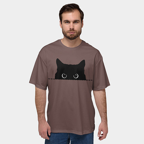 Мужская футболка оверсайз Черная кошка выглядывает из укрытия / 3D-принт – фото 3