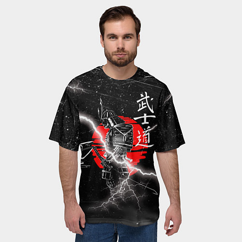 Мужская футболка оверсайз Самурай Бусидо Иероглифы Samurai Lightning / 3D-принт – фото 3