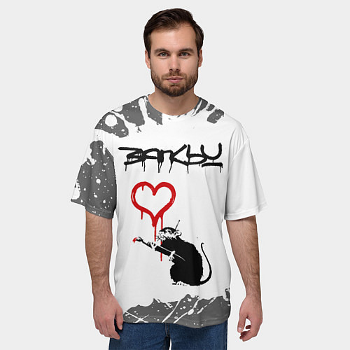 Мужская футболка оверсайз БЭНКСИ - КРЫСА И СЕРДЕЧКО Брызги / 3D-принт – фото 3