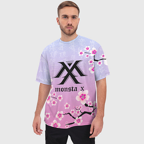Мужская футболка оверсайз MONSTA X САКУРА ЦВЕТЫ / 3D-принт – фото 3