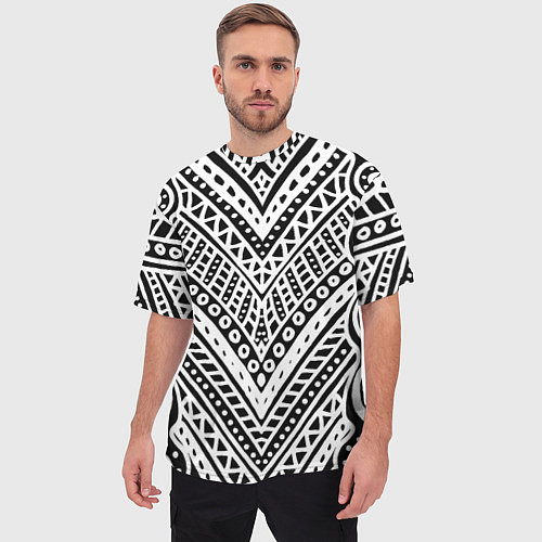 Мужская футболка оверсайз Абстракция черно-белая Волны, полосы, вензеля Моно / 3D-принт – фото 3