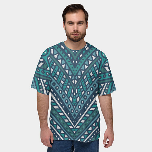 Мужская футболка оверсайз Абстракция Зеленый, белый и синий цвета Волны, лин / 3D-принт – фото 3