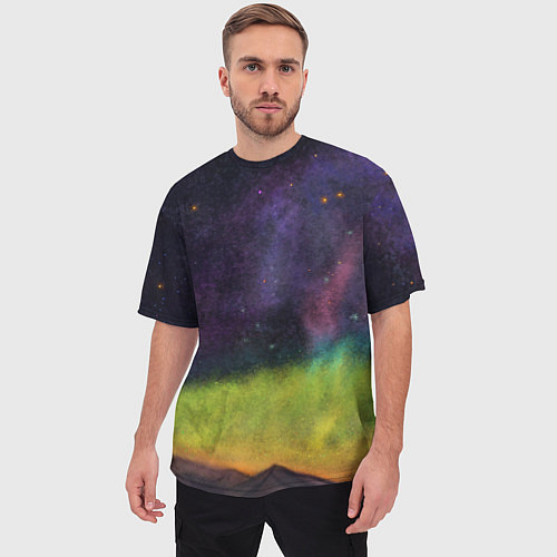 Мужская футболка оверсайз Горный пейзаж со звёздным небом и северным сиянием / 3D-принт – фото 3