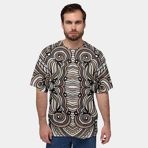 Мужская футболка оверсайз Калейдоскоп Абстракция в стиле дудл Коричневый, бе / 3D-принт – фото 3
