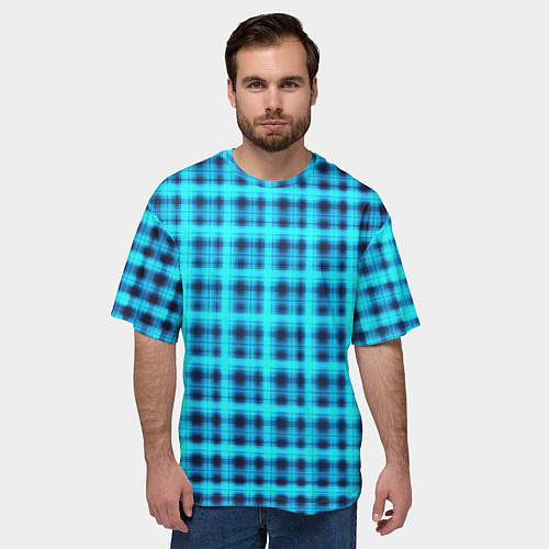 Мужская футболка оверсайз Неоновый узор в клеточку Голубая клетка Светящиеся / 3D-принт – фото 3