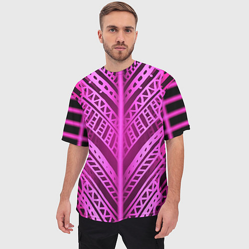 Мужская футболка оверсайз Неоновая абстракция Розовый светящийся узор на тем / 3D-принт – фото 3