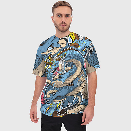 Мужская футболка оверсайз Синий дракон-монст / 3D-принт – фото 3
