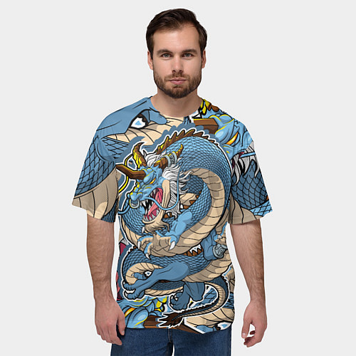 Мужская футболка оверсайз Синий дракон-монст / 3D-принт – фото 3