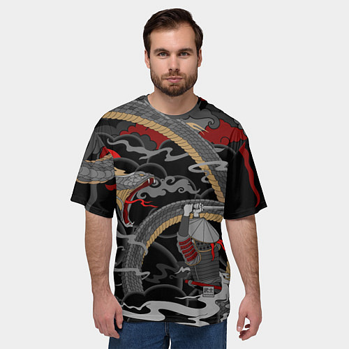 Мужская футболка оверсайз Самурай и змей / 3D-принт – фото 3