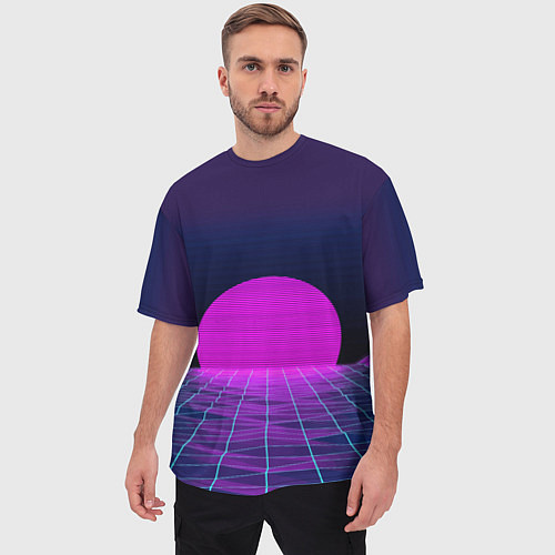 Мужская футболка оверсайз Закат розового солнца Vaporwave Психоделика / 3D-принт – фото 3