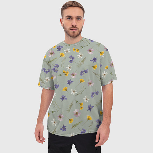 Мужская футболка оверсайз Простой цветочный принт на зеленом фоне / 3D-принт – фото 3