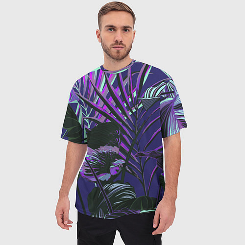 Мужская футболка оверсайз Цветы Тропики Ночью / 3D-принт – фото 3
