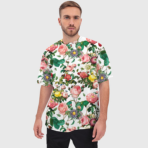 Мужская футболка оверсайз Узор из летних роз Summer Roses Pattern / 3D-принт – фото 3