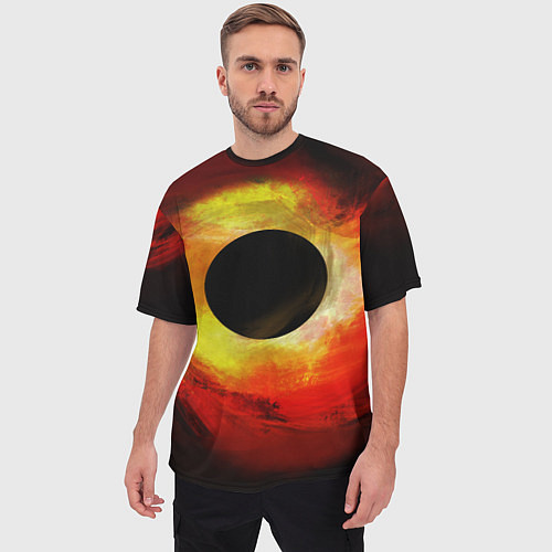 Мужская футболка оверсайз Черная дыра на красно-желтом фоне / 3D-принт – фото 3