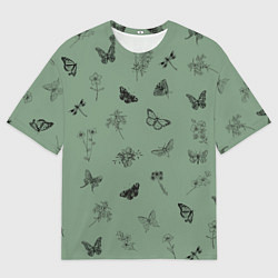Футболка оверсайз мужская Цветочки и бабочки на зеленом фоне, цвет: 3D-принт