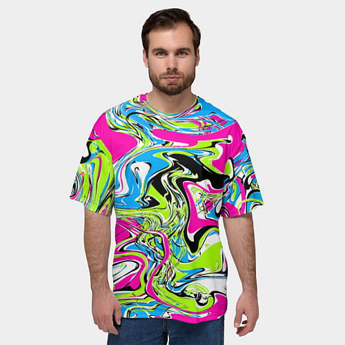 Мужская футболка оверсайз Абстрактные мраморные разводы в ярких цветах Поп а / 3D-принт – фото 3