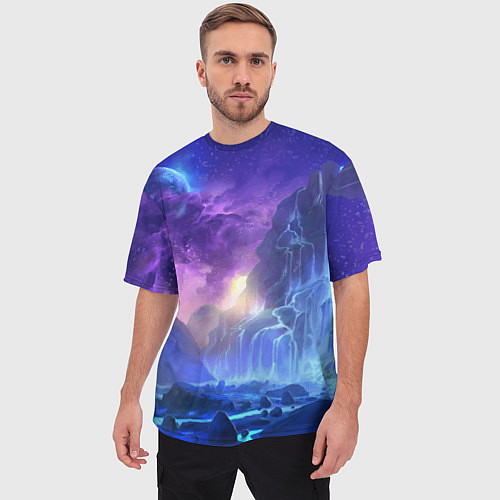 Мужская футболка оверсайз Фантастический пейзаж Водопад Неон / 3D-принт – фото 3