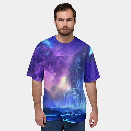 Мужская футболка оверсайз Фантастический пейзаж Водопад Неон / 3D-принт – фото 3