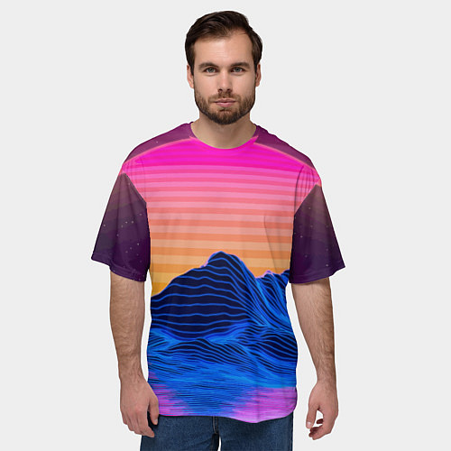 Мужская футболка оверсайз Vaporwave Mountains Психоделика Неон / 3D-принт – фото 3