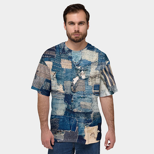 Мужская футболка оверсайз Patchwork Jeans Осень Зима 2023 / 3D-принт – фото 3