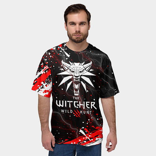Мужская футболка оверсайз THE WITCHER ВОЛК БРЫЗГИ КРАСОК МОЛНИИ / 3D-принт – фото 3