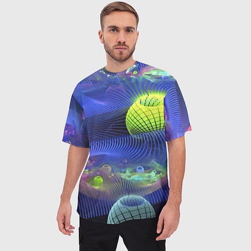 Мужская футболка оверсайз Геометрический фрактальный неоновый паттерн Geomet / 3D-принт – фото 3