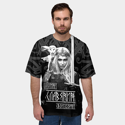 Мужская футболка оверсайз Помни, славянин, свои корни / 3D-принт – фото 3