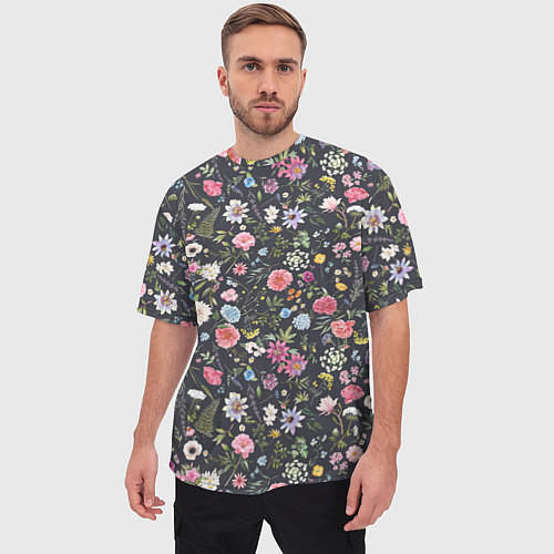 Мужская футболка оверсайз Разные цветы, листья, травы на темном фоне / 3D-принт – фото 3