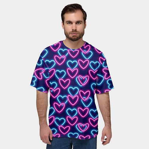 Мужская футболка оверсайз Неоновые сердца, паттерн / 3D-принт – фото 3