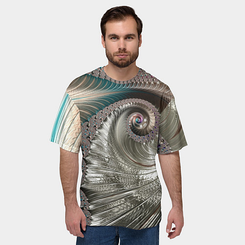 Мужская футболка оверсайз Fractal pattern Spiral Серебристый фрактал спираль / 3D-принт – фото 3
