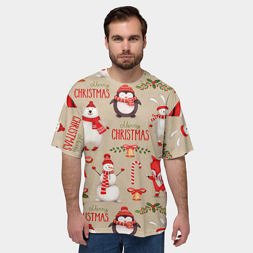 Мужская футболка оверсайз СЧАСТЛИВОГО РОЖДЕСТВА MERRY CHRISTMAS / 3D-принт – фото 3