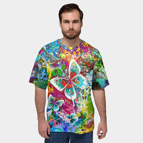 Мужская футболка оверсайз Яркое безумие Бабочки, кляксы, граффити / 3D-принт – фото 3