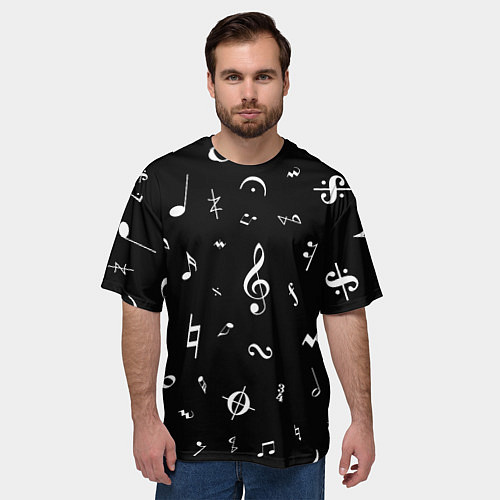 Мужская футболка оверсайз Нотные Знаки Белые на Черном / 3D-принт – фото 3