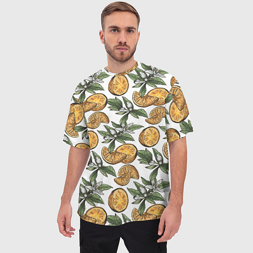 Мужская футболка оверсайз Узор из тропических апельсинов / 3D-принт – фото 3