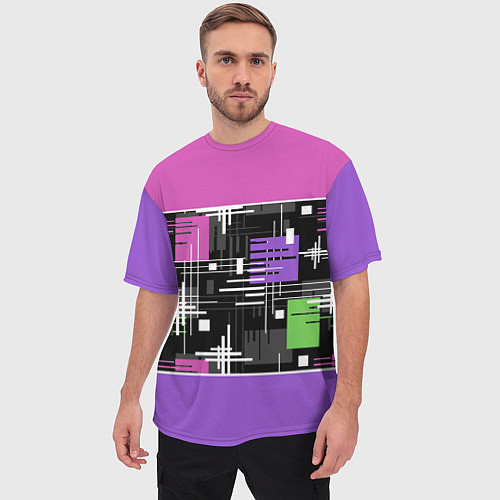 Мужская футболка оверсайз Розово-фиолетовый геометрические фигуры и полосы / 3D-принт – фото 3