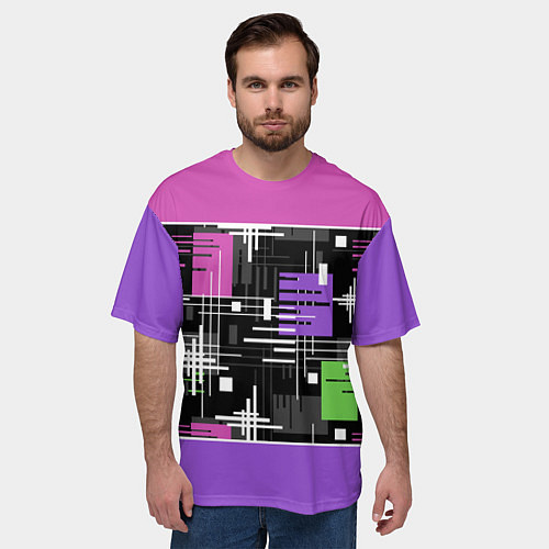 Мужская футболка оверсайз Розово-фиолетовый геометрические фигуры и полосы / 3D-принт – фото 3