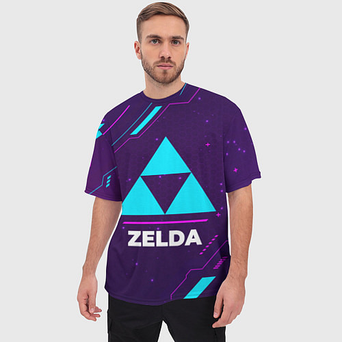 Мужская футболка оверсайз Символ Zelda в неоновых цветах на темном фоне / 3D-принт – фото 3