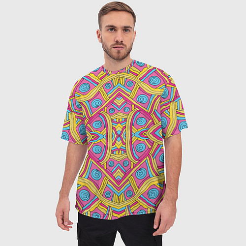 Мужская футболка оверсайз Разноцветный и яркий узор в дудл стиле / 3D-принт – фото 3