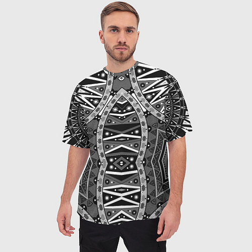 Мужская футболка оверсайз Черно-белый этнический орнамент / 3D-принт – фото 3