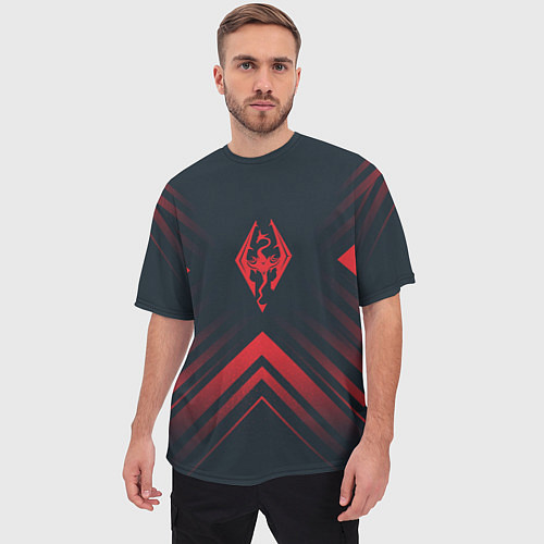 Мужская футболка оверсайз Красный Символ Skyrim на темном фоне со стрелками / 3D-принт – фото 3