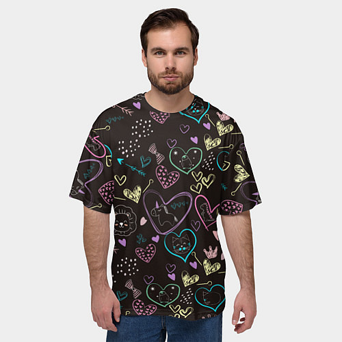 Мужская футболка оверсайз Паттерн милые животные и сердечки / 3D-принт – фото 3