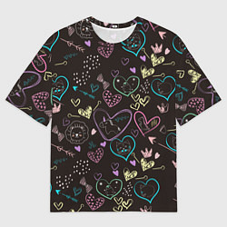Мужская футболка оверсайз Паттерн милые животные и сердечки