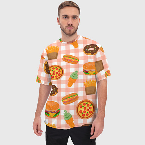 Мужская футболка оверсайз PIZZA DONUT BURGER FRIES ICE CREAM pattern / 3D-принт – фото 3