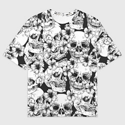 Футболка оверсайз мужская Чёрно белые черепа и маки, цвет: 3D-принт