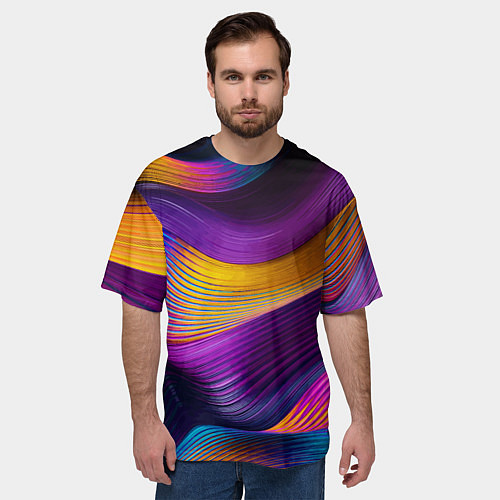 Мужская футболка оверсайз Абстрактная волновая композиция Неоновые полосы Ab / 3D-принт – фото 3