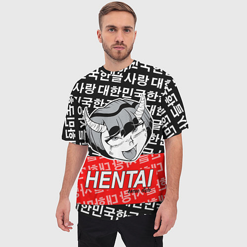 Мужская футболка оверсайз HENTAI AHEGAO ХЕНТАЙ АХЭГАО / 3D-принт – фото 3
