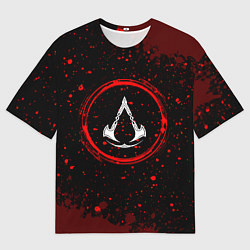 Футболка оверсайз мужская Символ Assassins Creed и краска вокруг на темном ф, цвет: 3D-принт