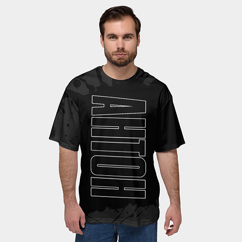 Мужская футболка оверсайз Имя Антон по-вертикали с темным фоном / 3D-принт – фото 3