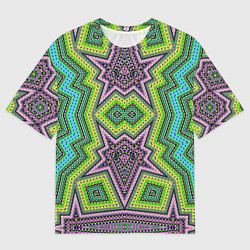 Футболка оверсайз мужская Яркий восточный орнамент в зелено-розовых цветах, цвет: 3D-принт
