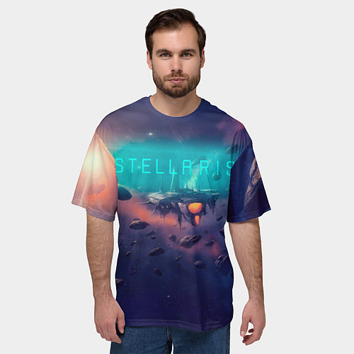 Мужская футболка оверсайз Stellaris космический корабль на фоне астероидов / 3D-принт – фото 3